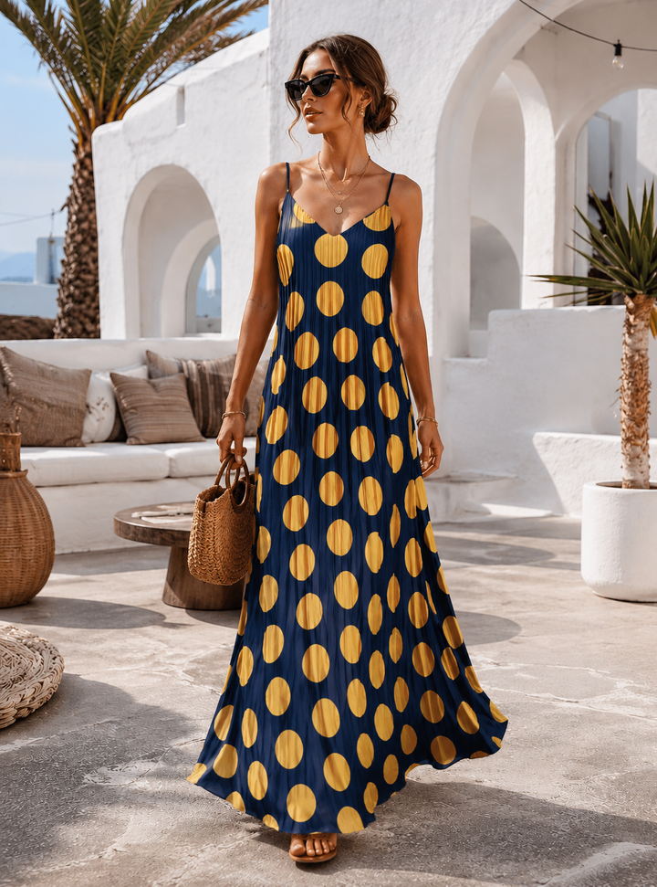 Irma Pleated Polka Dot Dress Navy