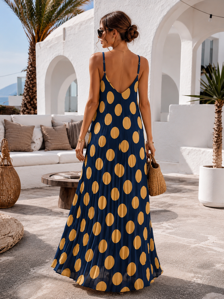 Irma Pleated Polka Dot Dress Navy