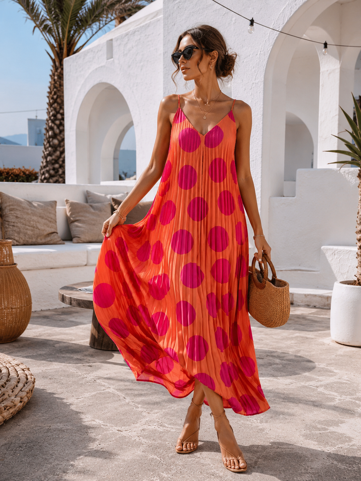 Irma Pleated Polka Dot Dress Copper