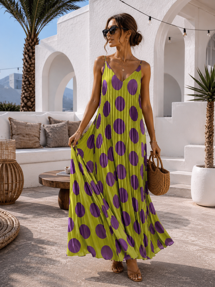 Irma Pleated Polka Dot Dress Lime