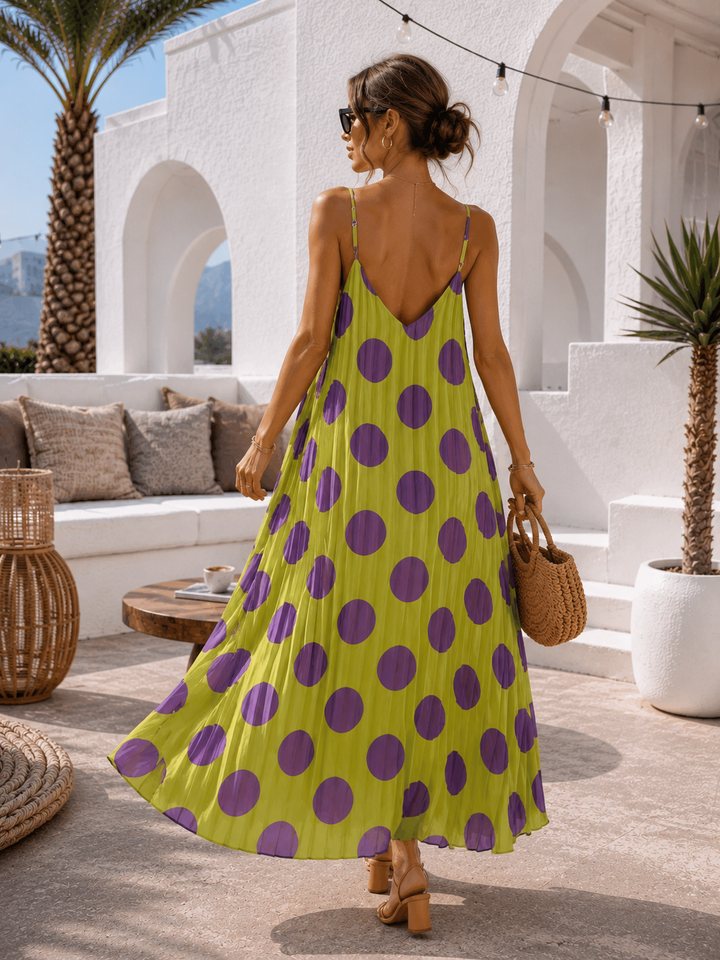 Irma Pleated Polka Dot Dress Lime