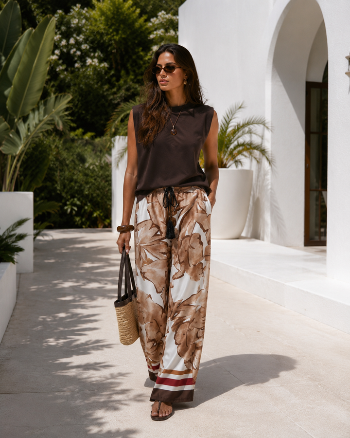 Nicoletta Leaf Print Trousers Chocolate