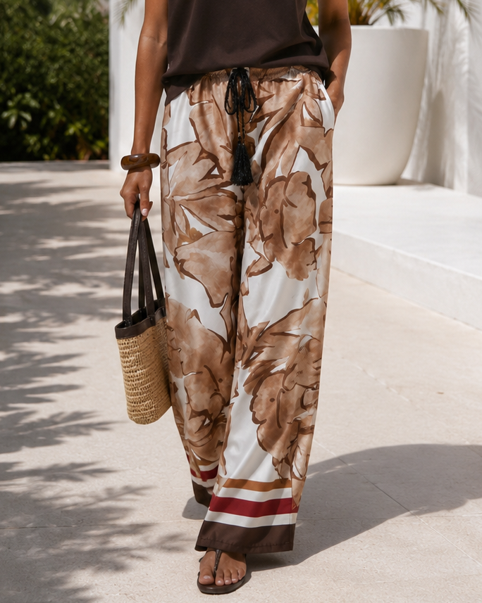 Nicoletta Leaf Print Trousers Chocolate