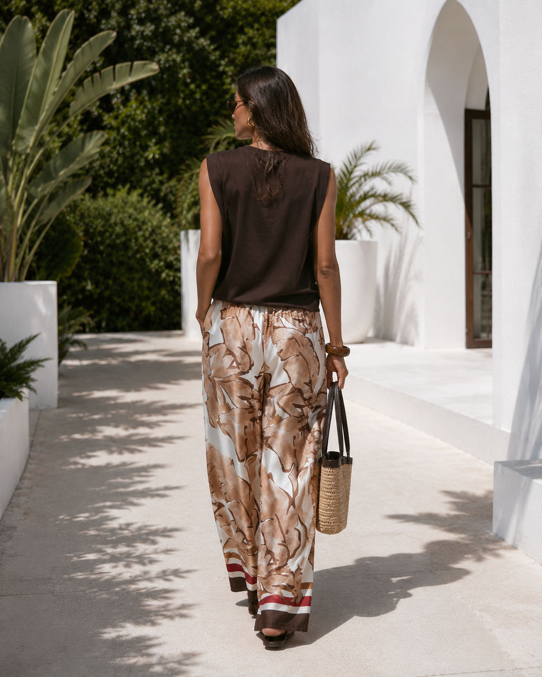 Nicoletta Leaf Print Trousers Chocolate
