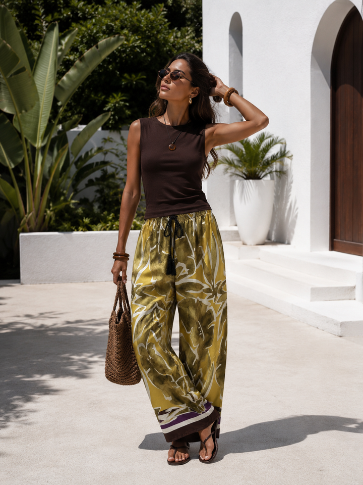 Nicoletta Leaf Print Trousers Khaki