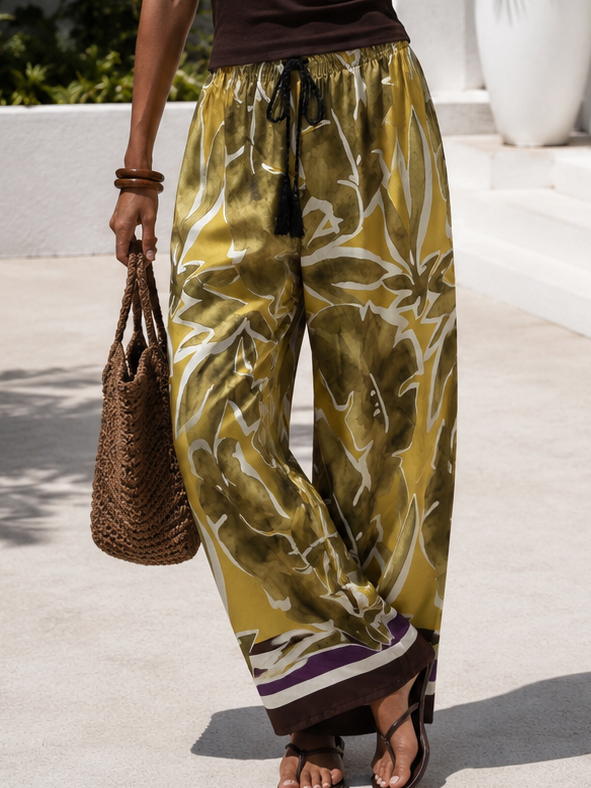 Nicoletta Leaf Print Trousers Khaki