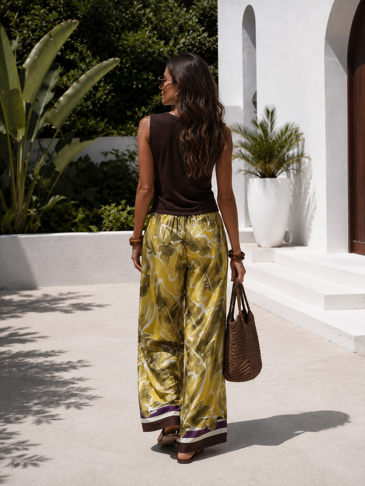 Nicoletta Leaf Print Trousers Khaki