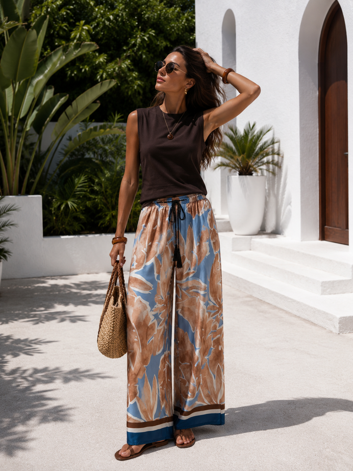 Nicoletta Leaf Print Trousers Blue