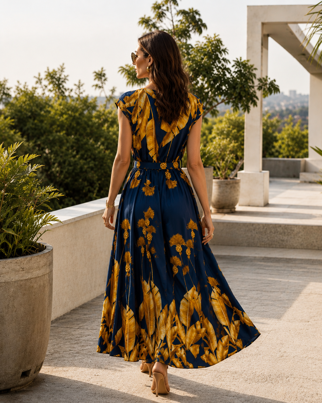 Ornella Tropical Belted Dress Navy