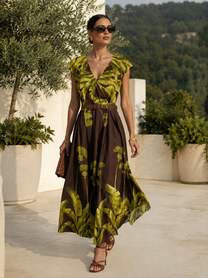 Ornella Tropical Belted Dress Chocolate