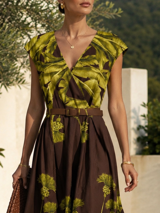 Ornella Tropical Belted Dress Chocolate