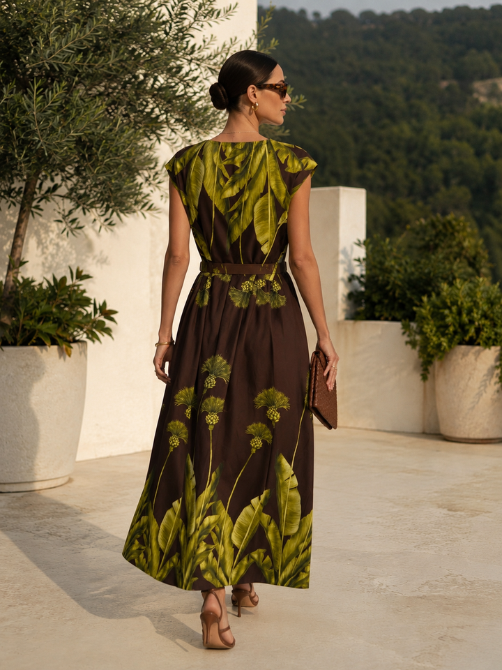 Ornella Tropical Belted Dress Chocolate