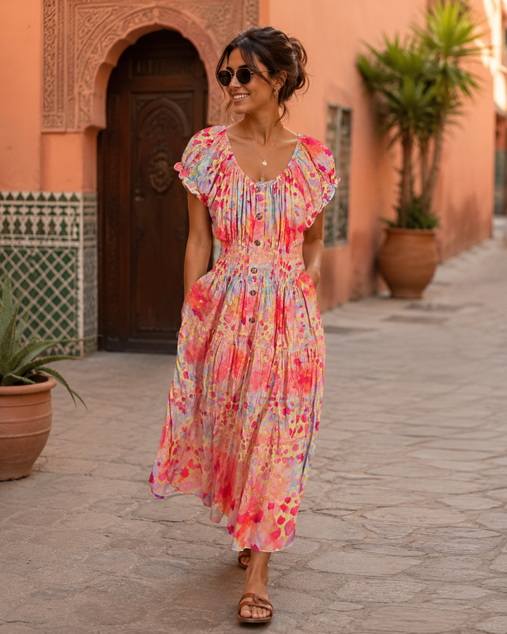 Alondra Animal Print Midi Dress Coral
