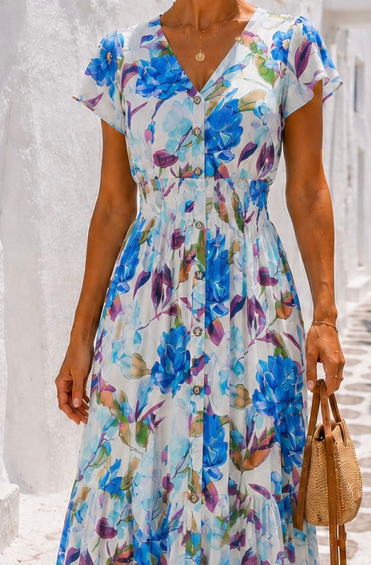 Claudia Floral Shirred Maxi Dress Blue