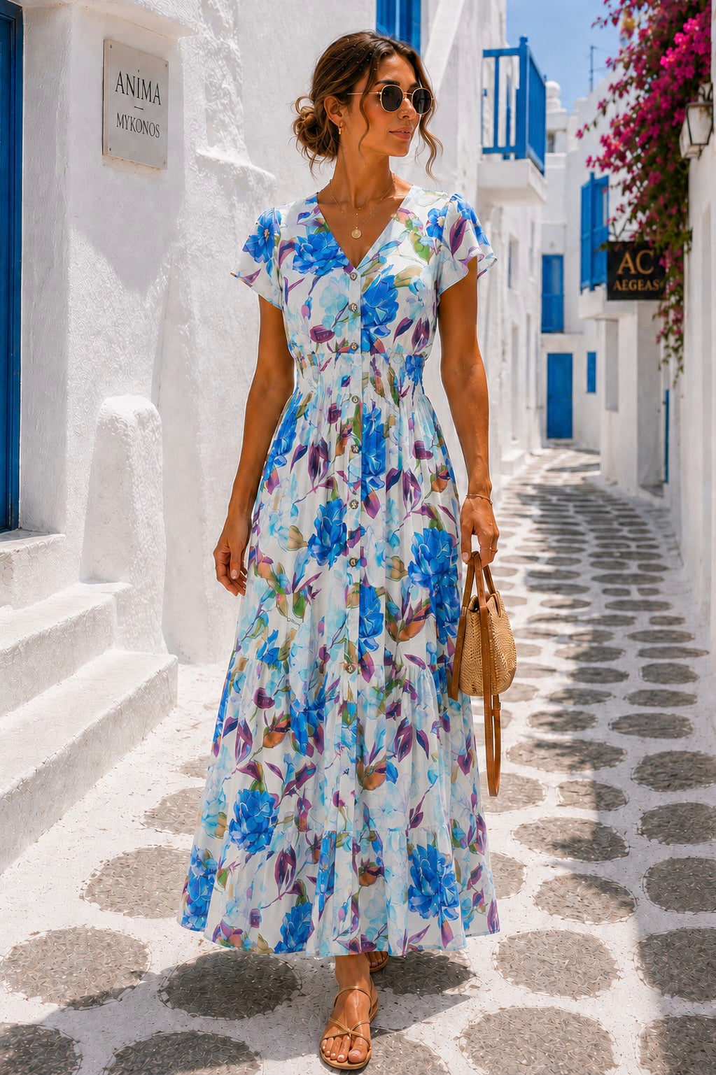 Claudia Floral Shirred Maxi Dress Blue