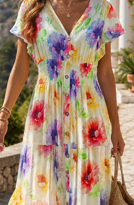 Claudia Floral Shirred Maxi Dress Lemon