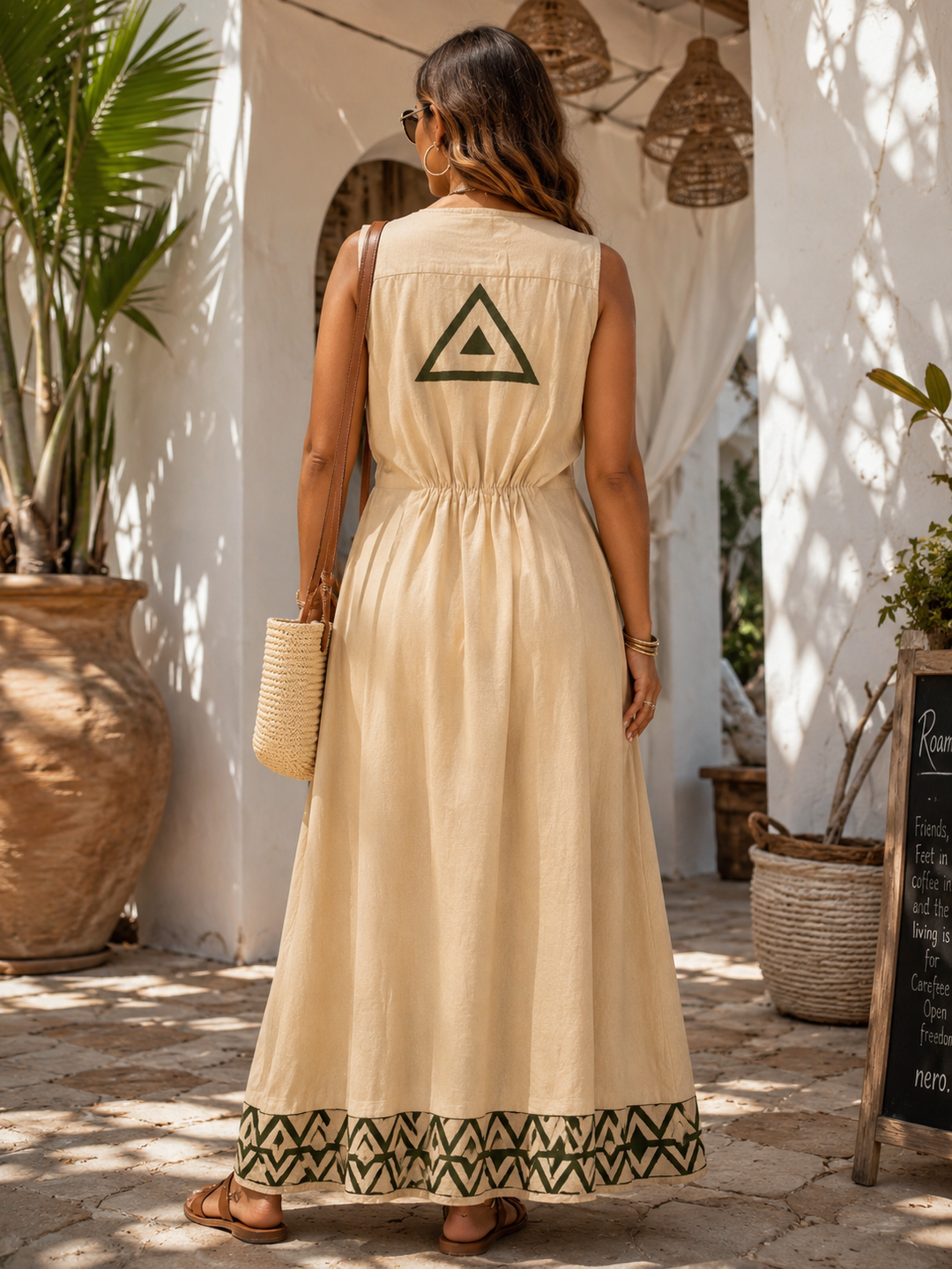 Neena Geometric Cotton Dress Beige