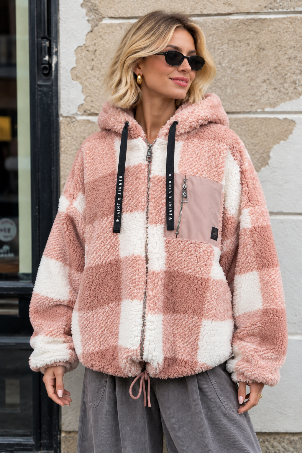 Checkerboard Teddy Jacket Blush