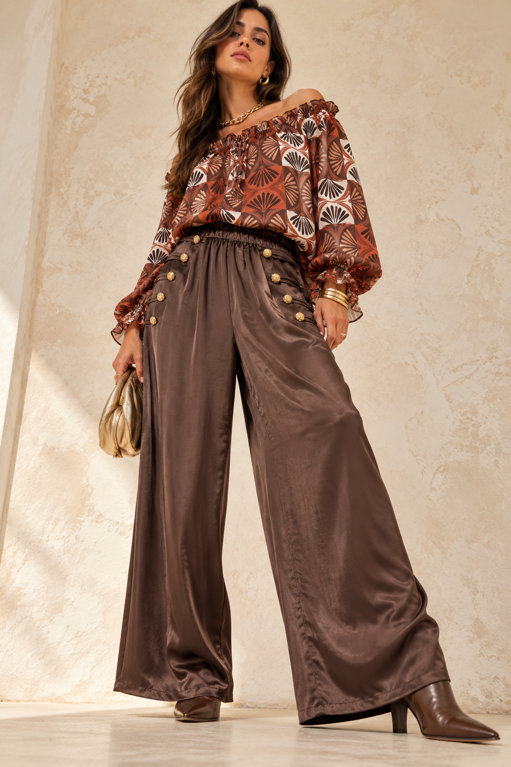 Amilah Military Silky Trousers Chocolate