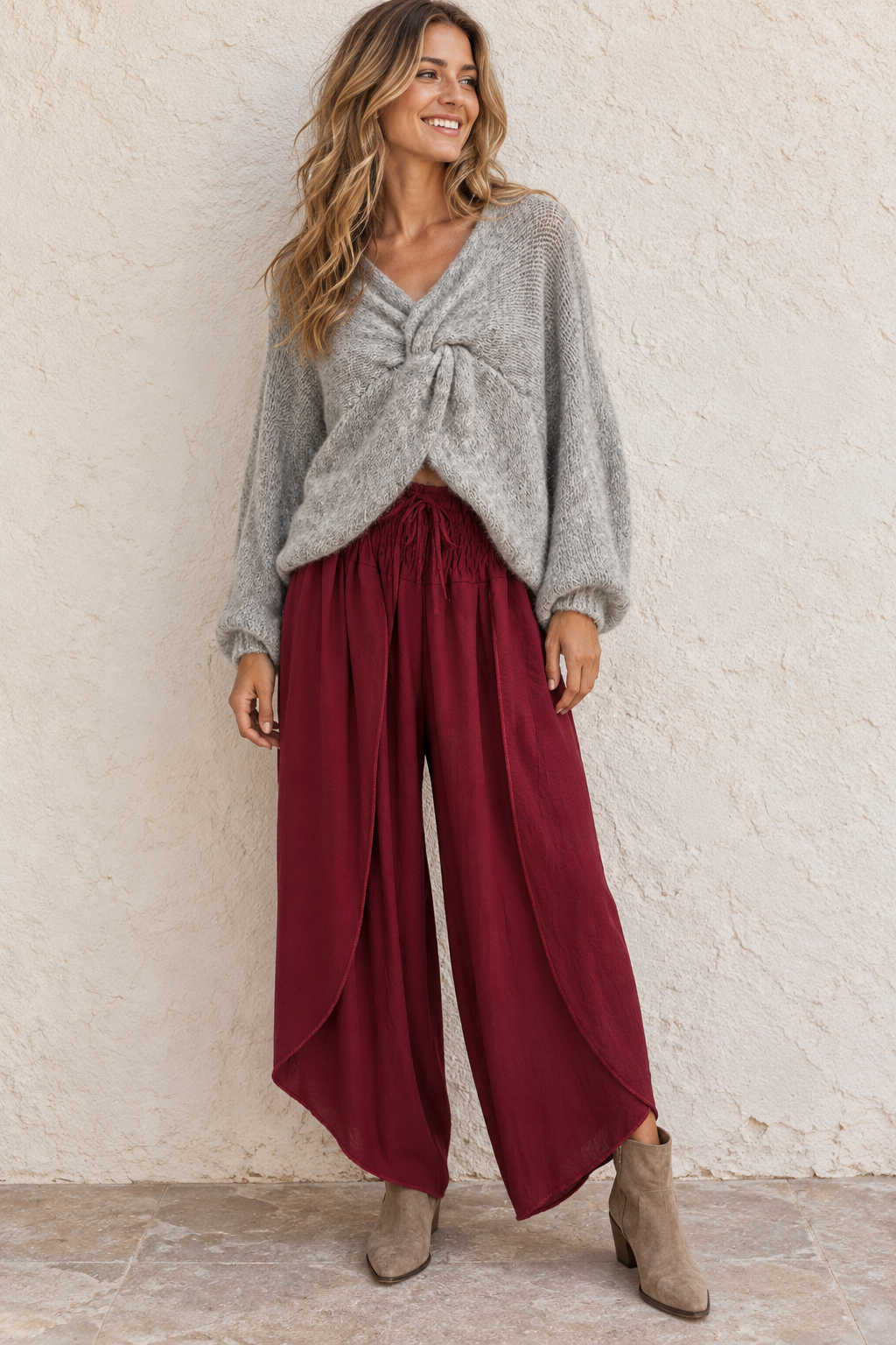 Calista Draped Harem Trousers Burgundy