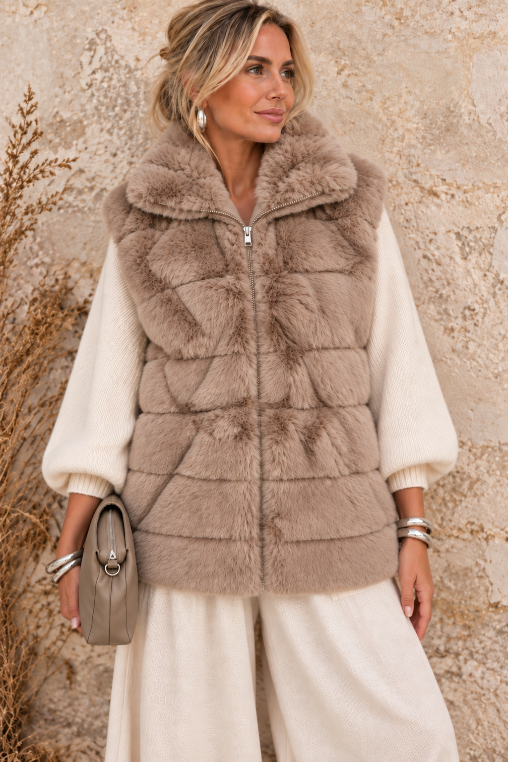 Aspen Faux Fur Panel Gilet Latte