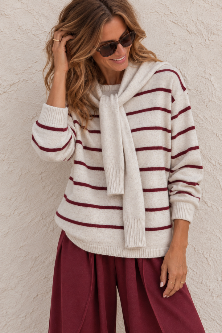 Striped Tie Front Collar Jumper Beige
