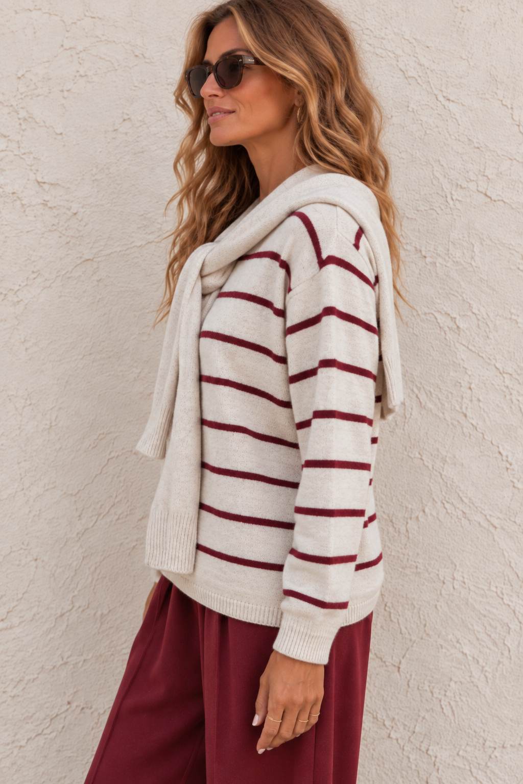 Striped Tie Front Collar Jumper Beige