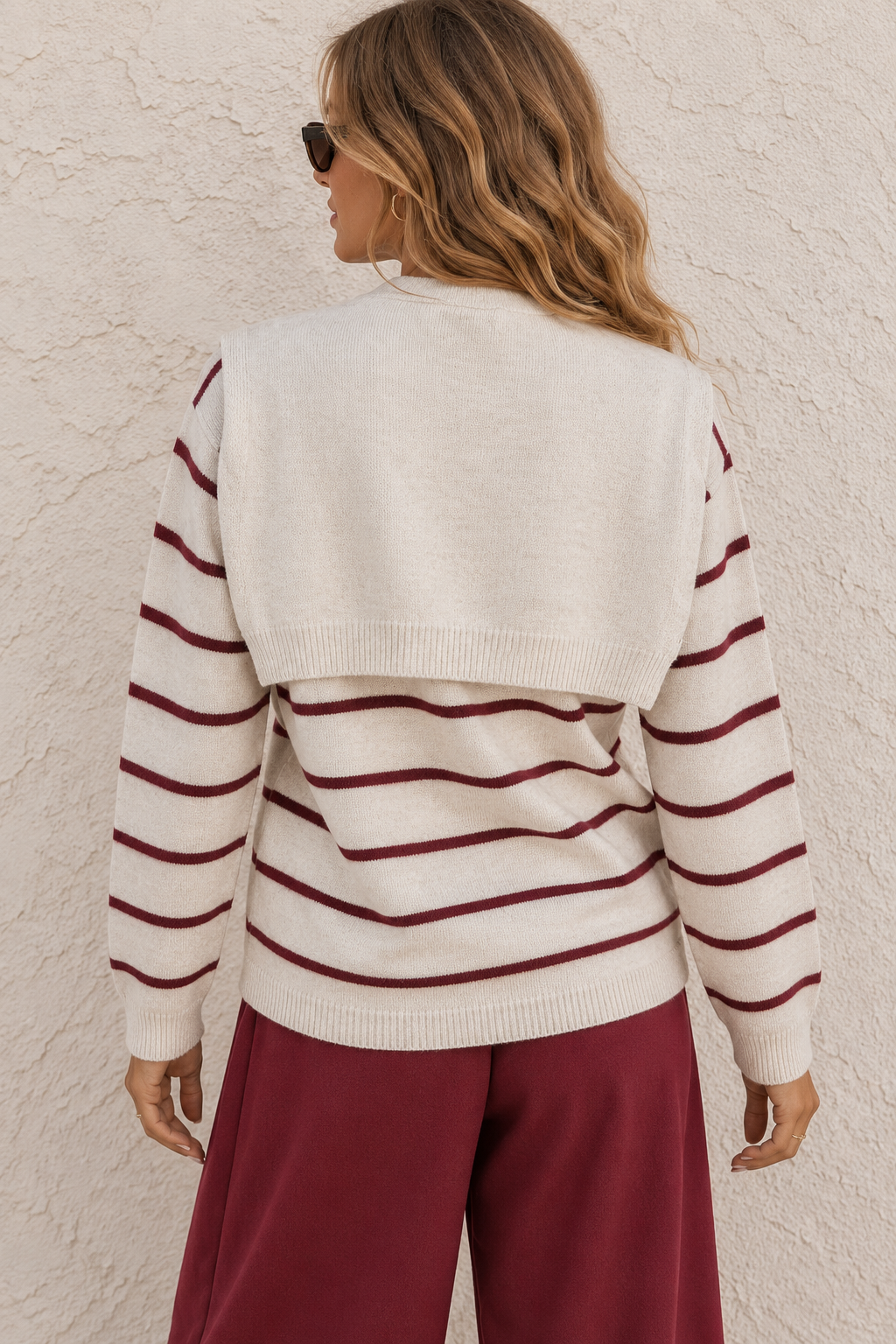 Striped Tie Front Collar Jumper Beige
