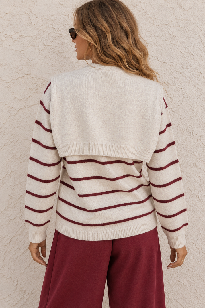 Striped Tie Front Collar Jumper Beige