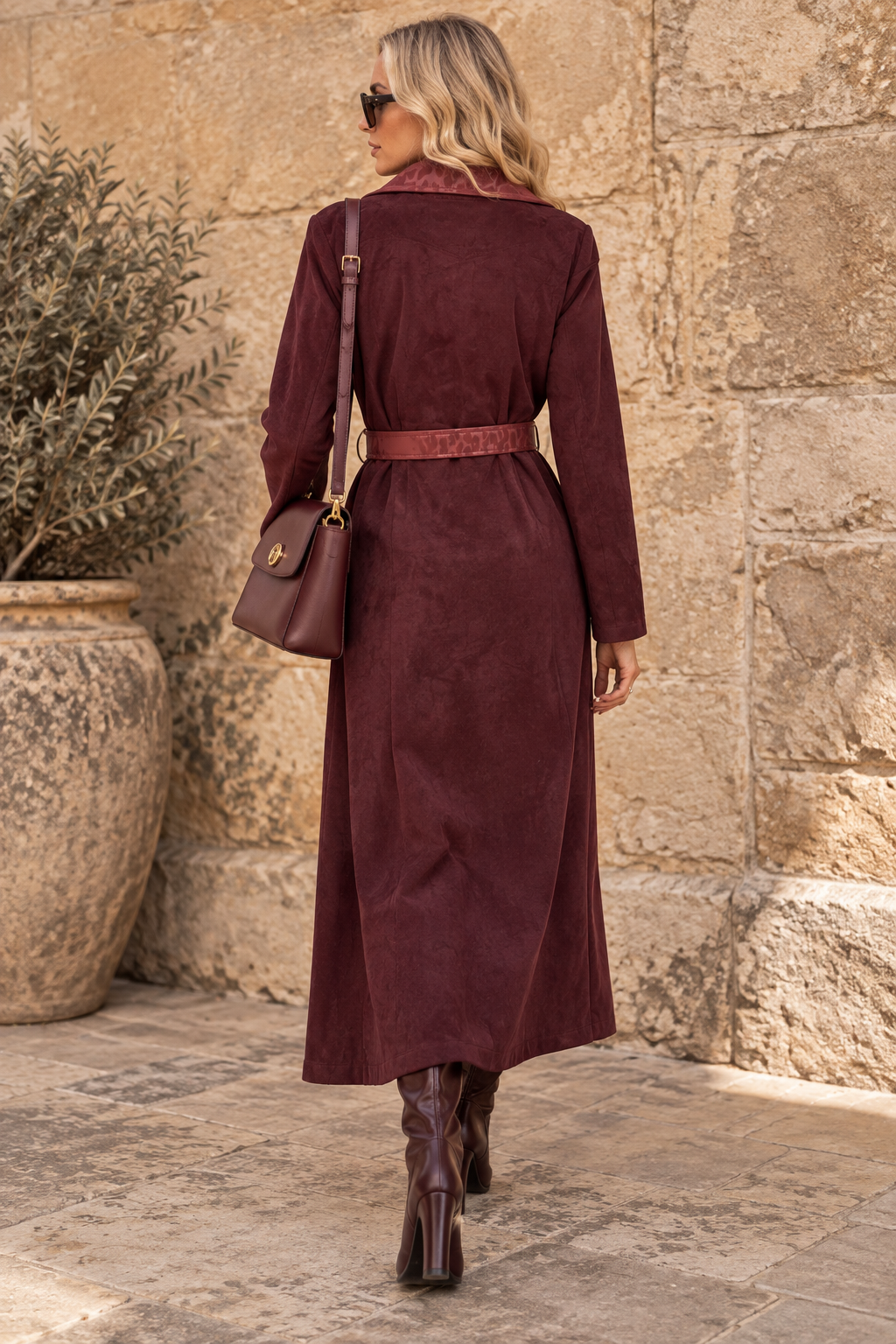 Narla Faux Suede Belted Coat Claret
