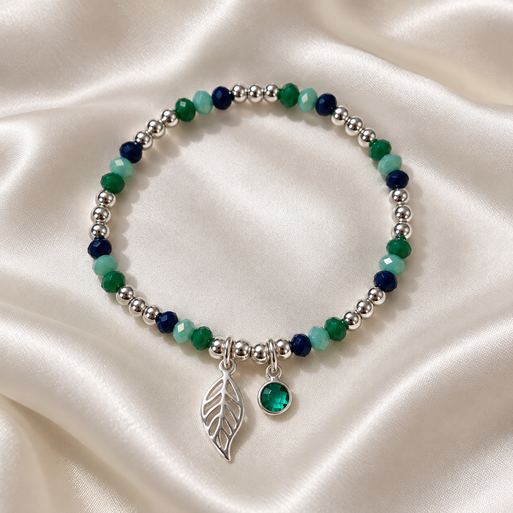 Emerald Stone Leaf Bracelet Silver
