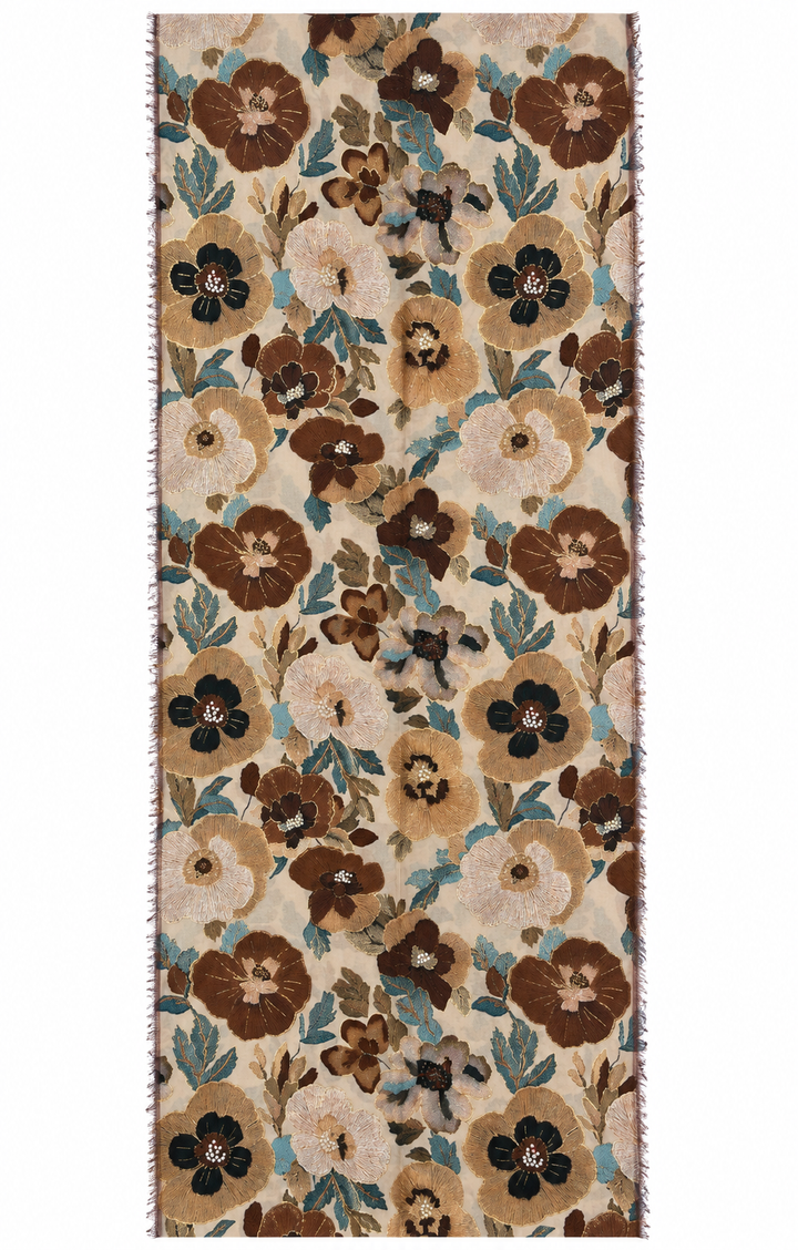 Kiku Oriental Floral Scarf Mocha and Gold