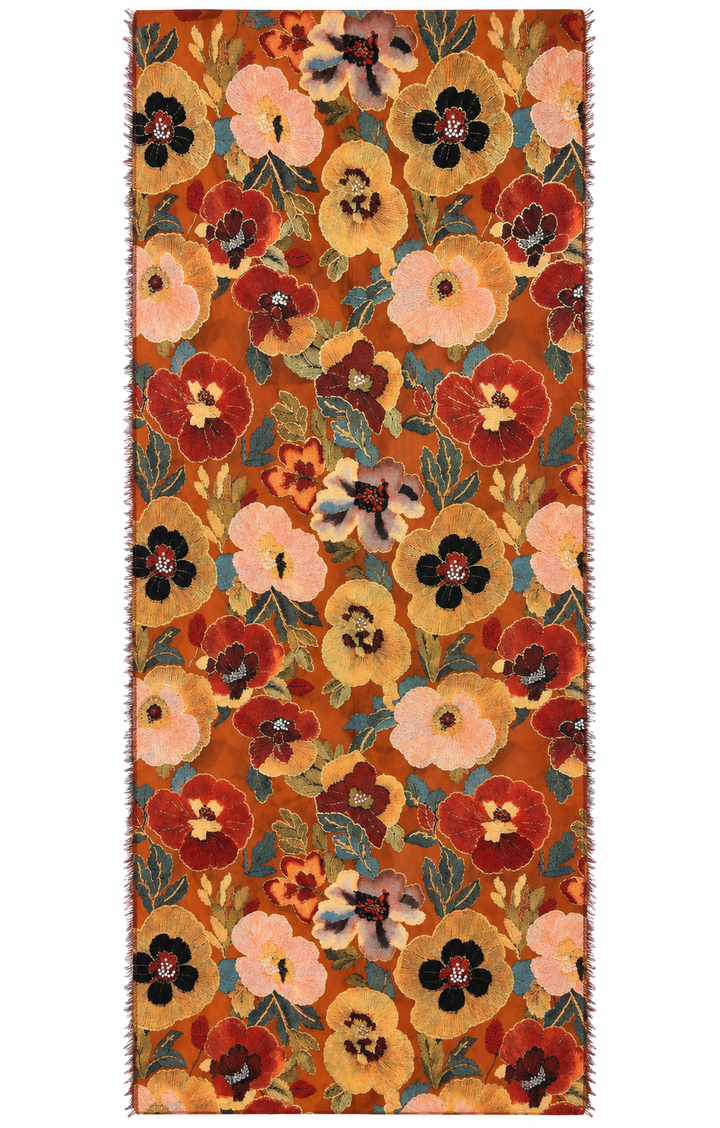 Kiku Oriental Floral Scarf Rust & Gold