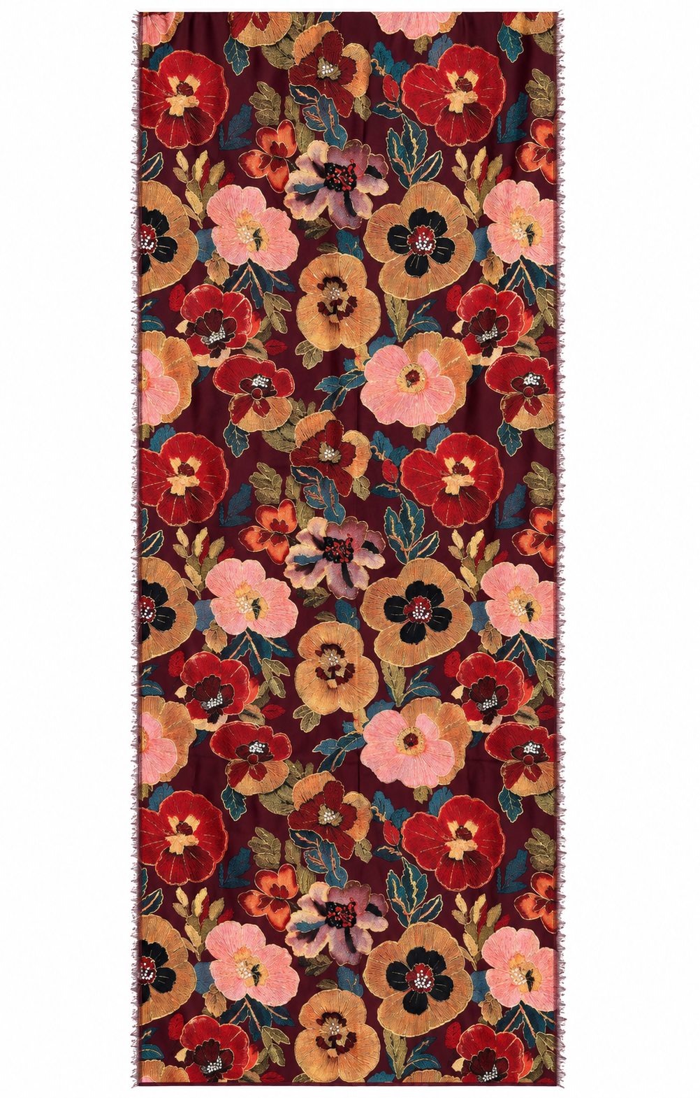 Kiku Oriental Floral Scarf Burgundy