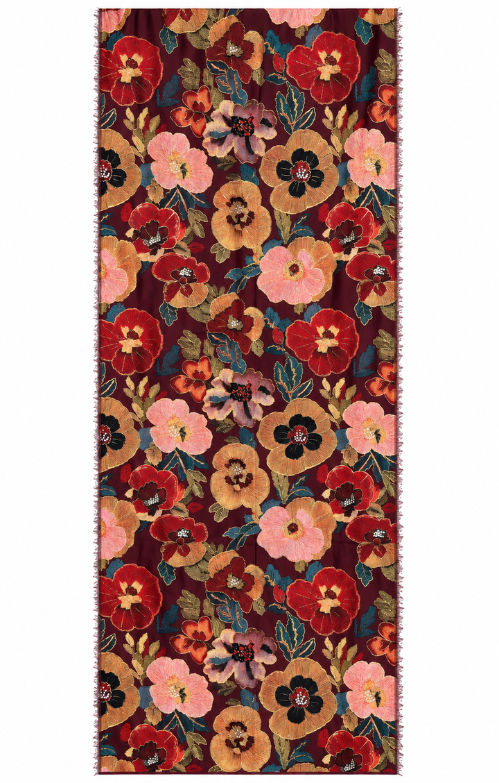 Kiku Oriental Floral Scarf Burgundy