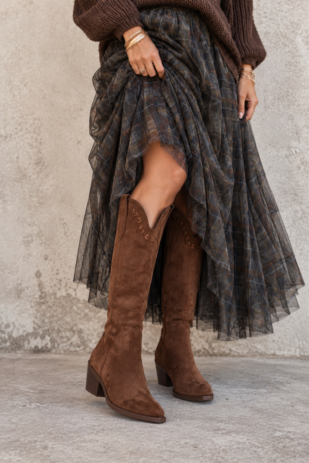 Taylor Faux Suede Cowboy Boots Coffee