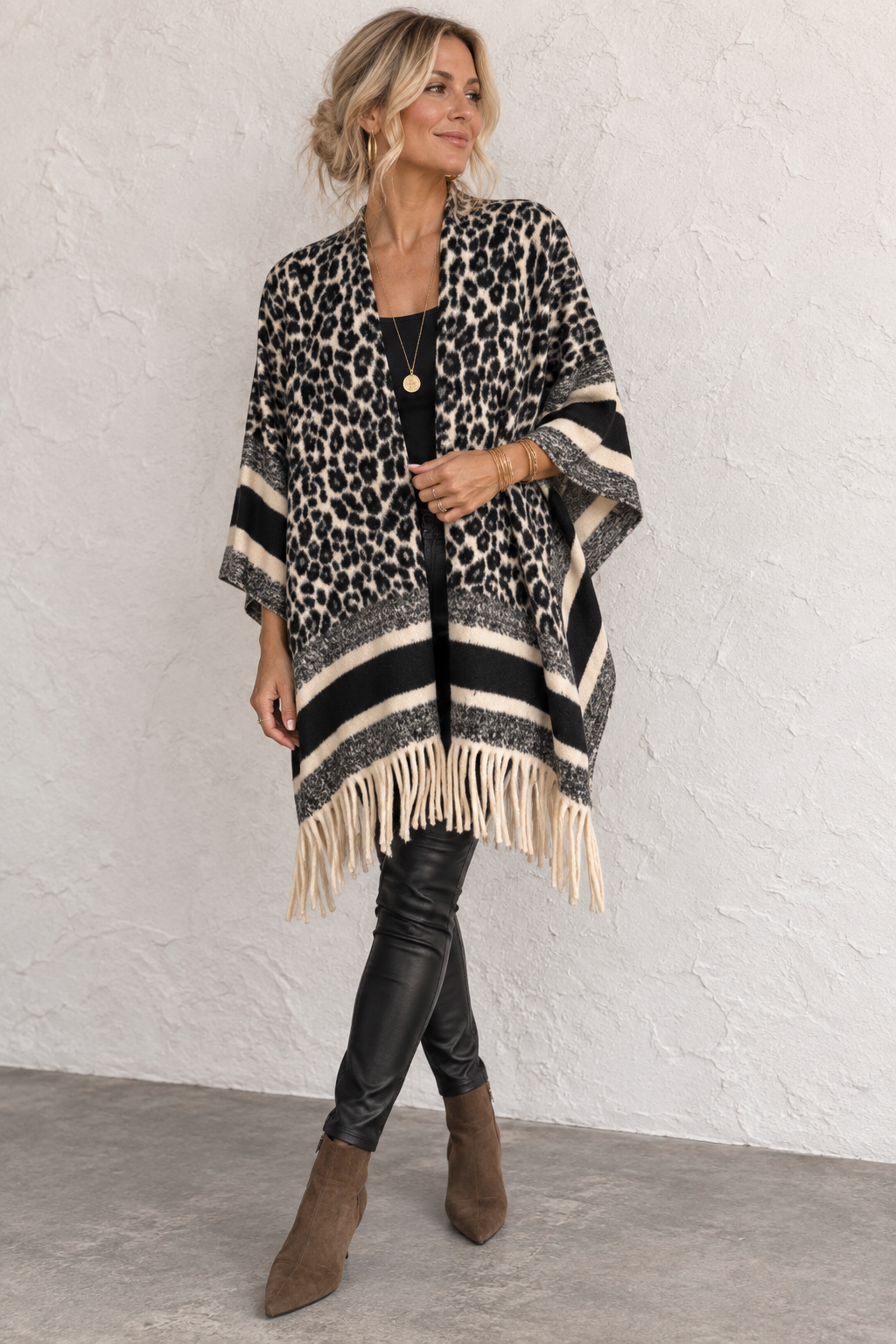 Billie Leopard Poncho Shawl Black
