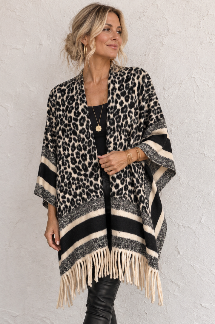 Billie Leopard Poncho Shawl Black
