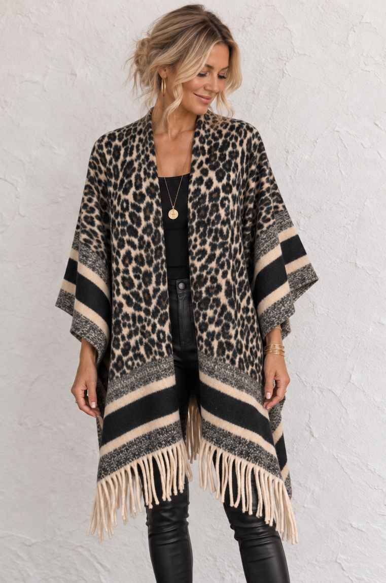 Billie Leopard Poncho Shawl Chocolate