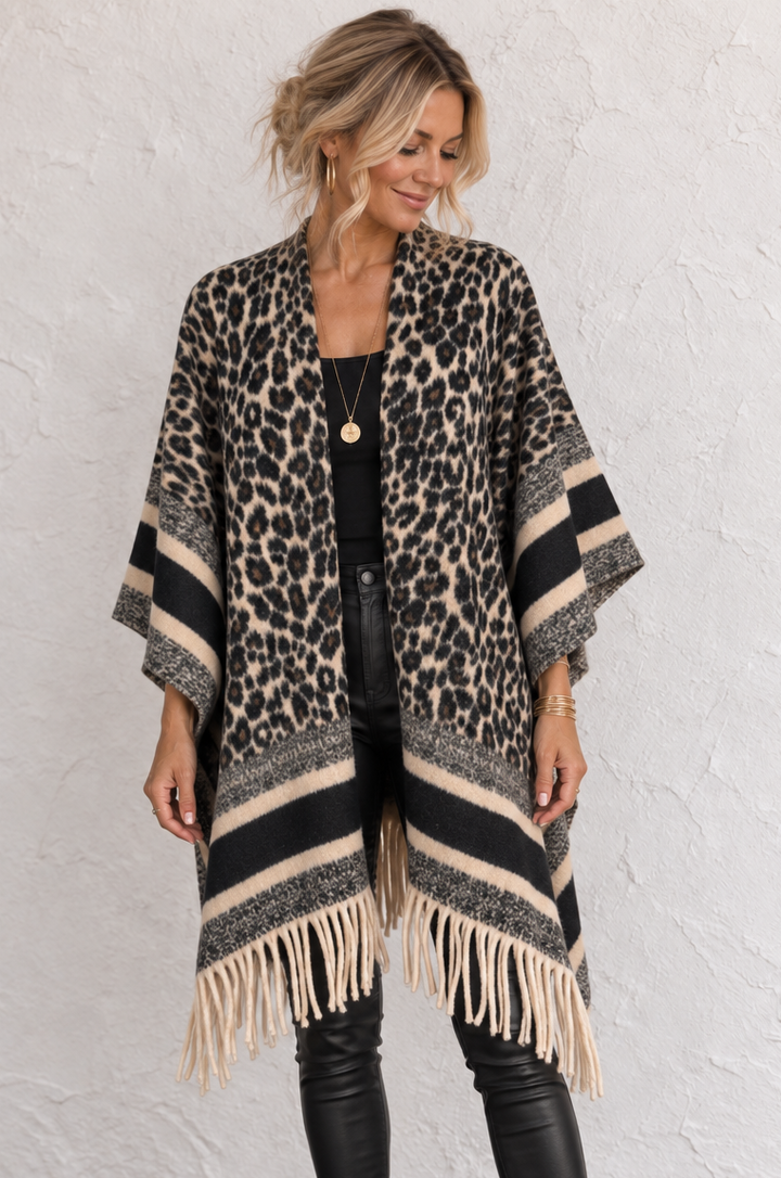 Billie Leopard Poncho Shawl Chocolate