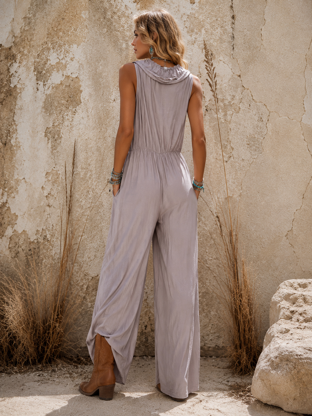 Frill Neck Sleeveless Jumpsuit Silver Grey