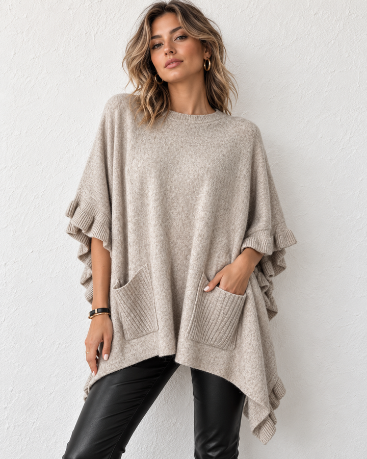 Stevie Ruffled Edge Poncho Beige