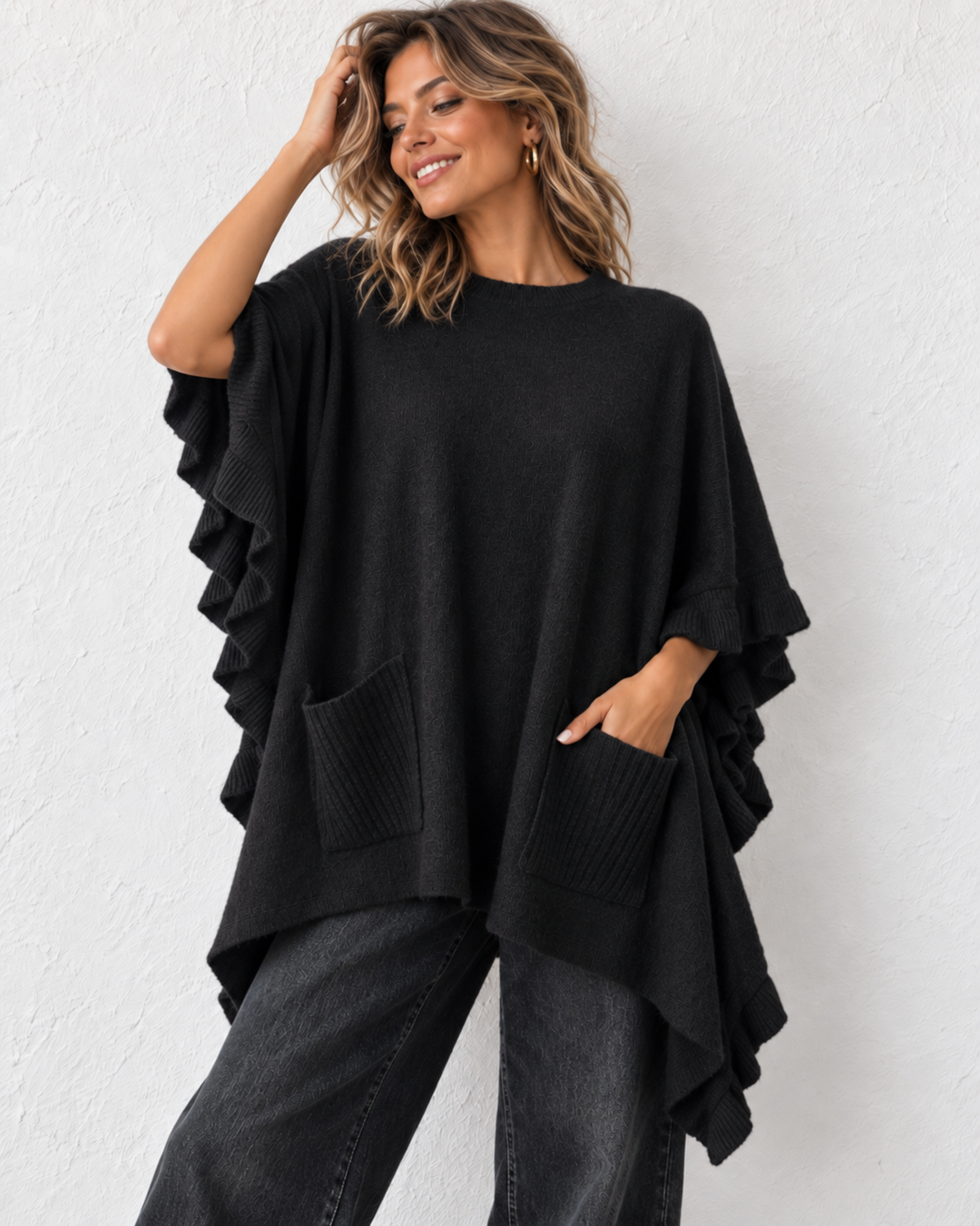 Stevie Ruffled Edge Poncho Black