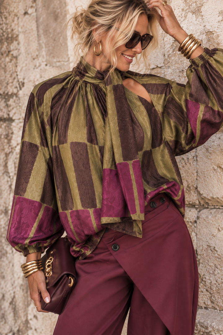 Elara Abstract Tie Neck Blouse Olive