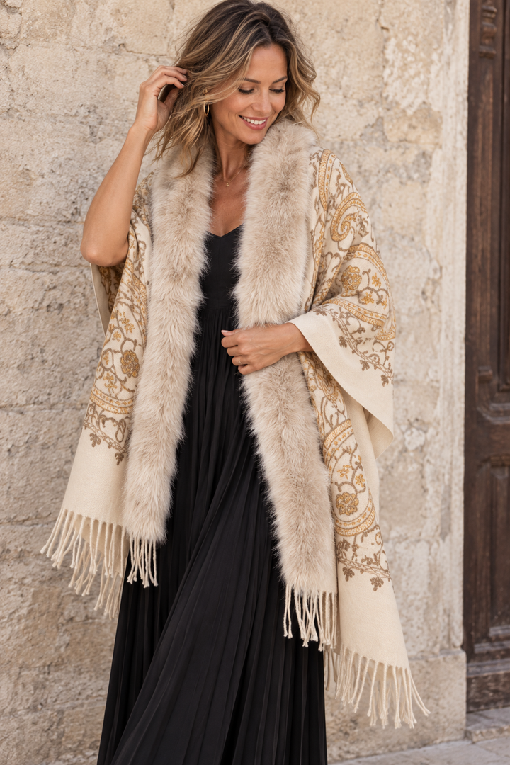 Aziza Paisley Faux Fur Wrap Cream