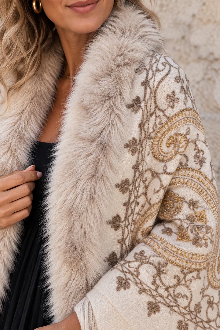 Aziza Paisley Faux Fur Wrap Cream