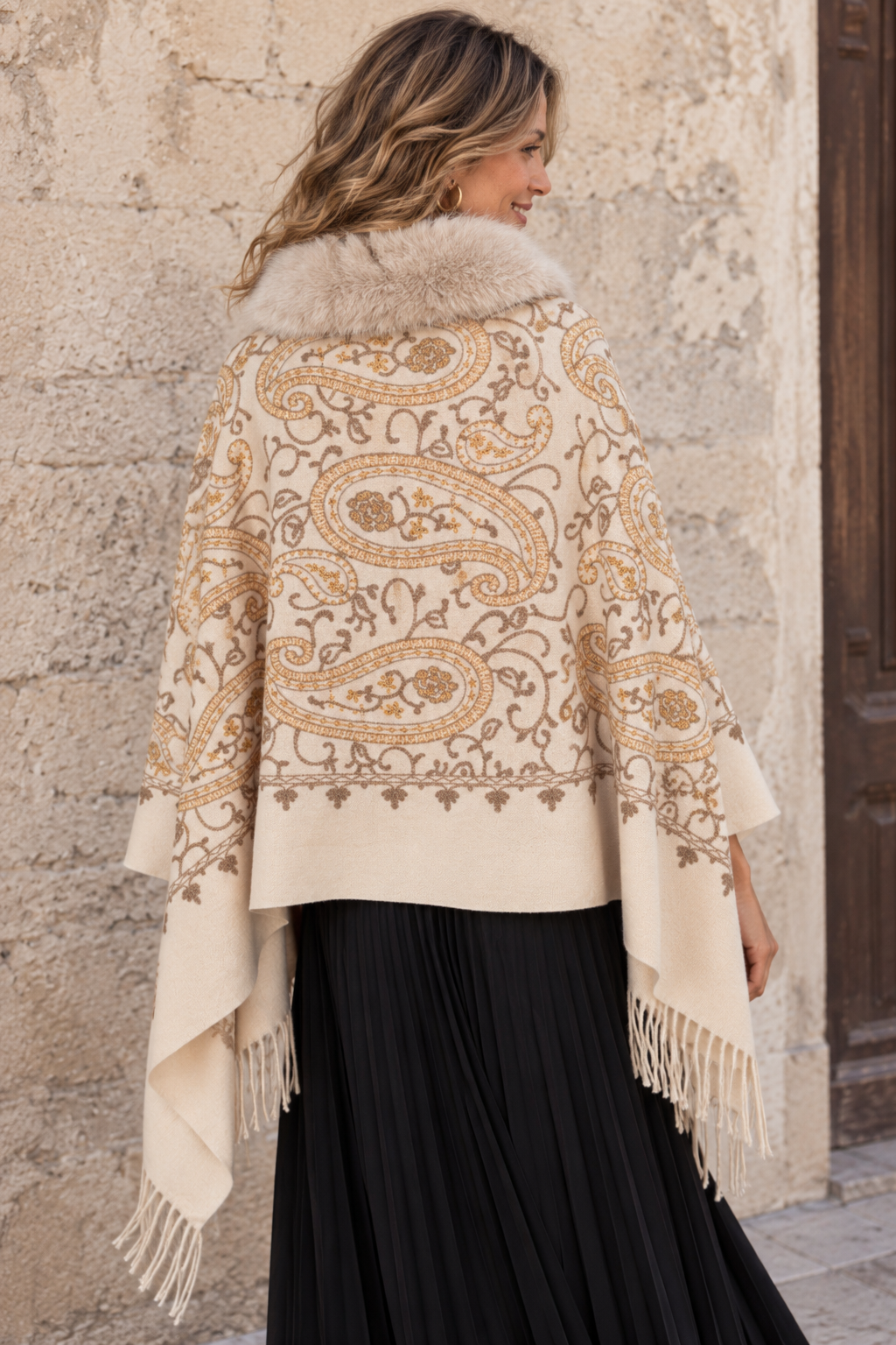 Aziza Paisley Faux Fur Wrap Cream