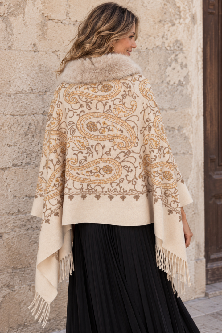 Aziza Paisley Faux Fur Wrap Cream