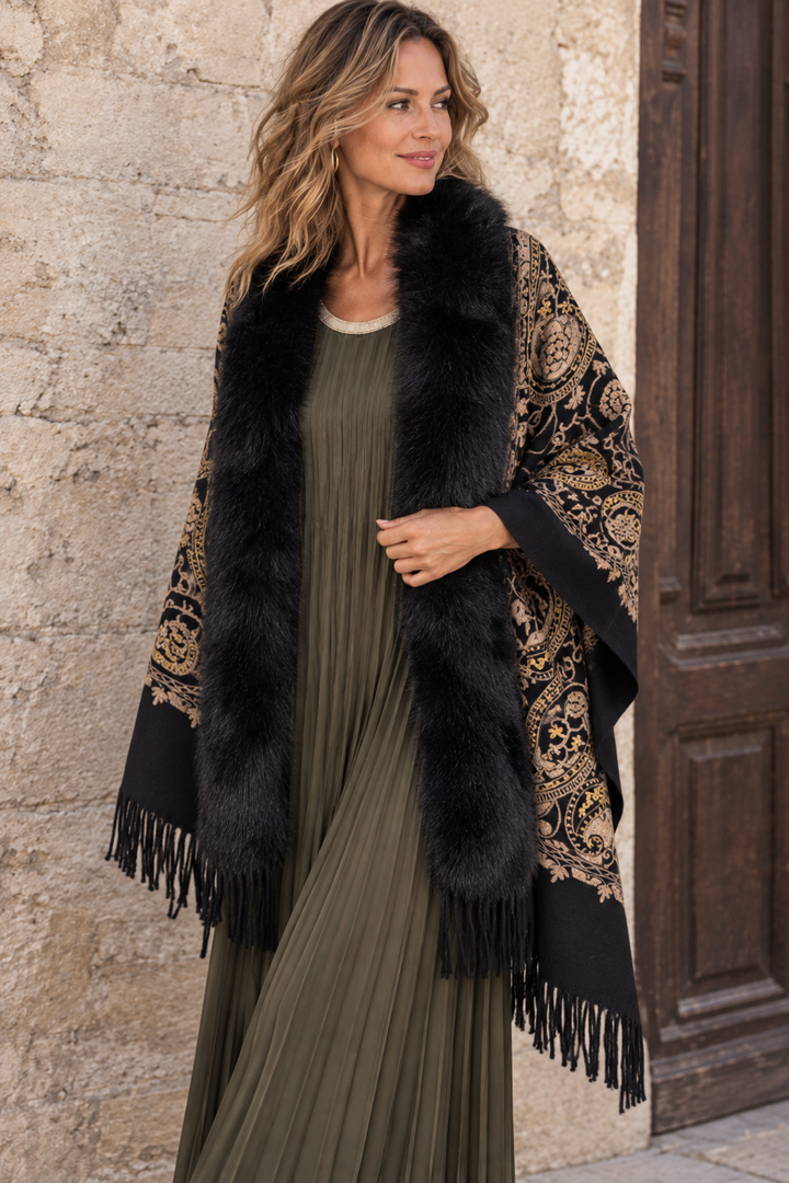 Aziza Paisley Faux Fur Wrap Black