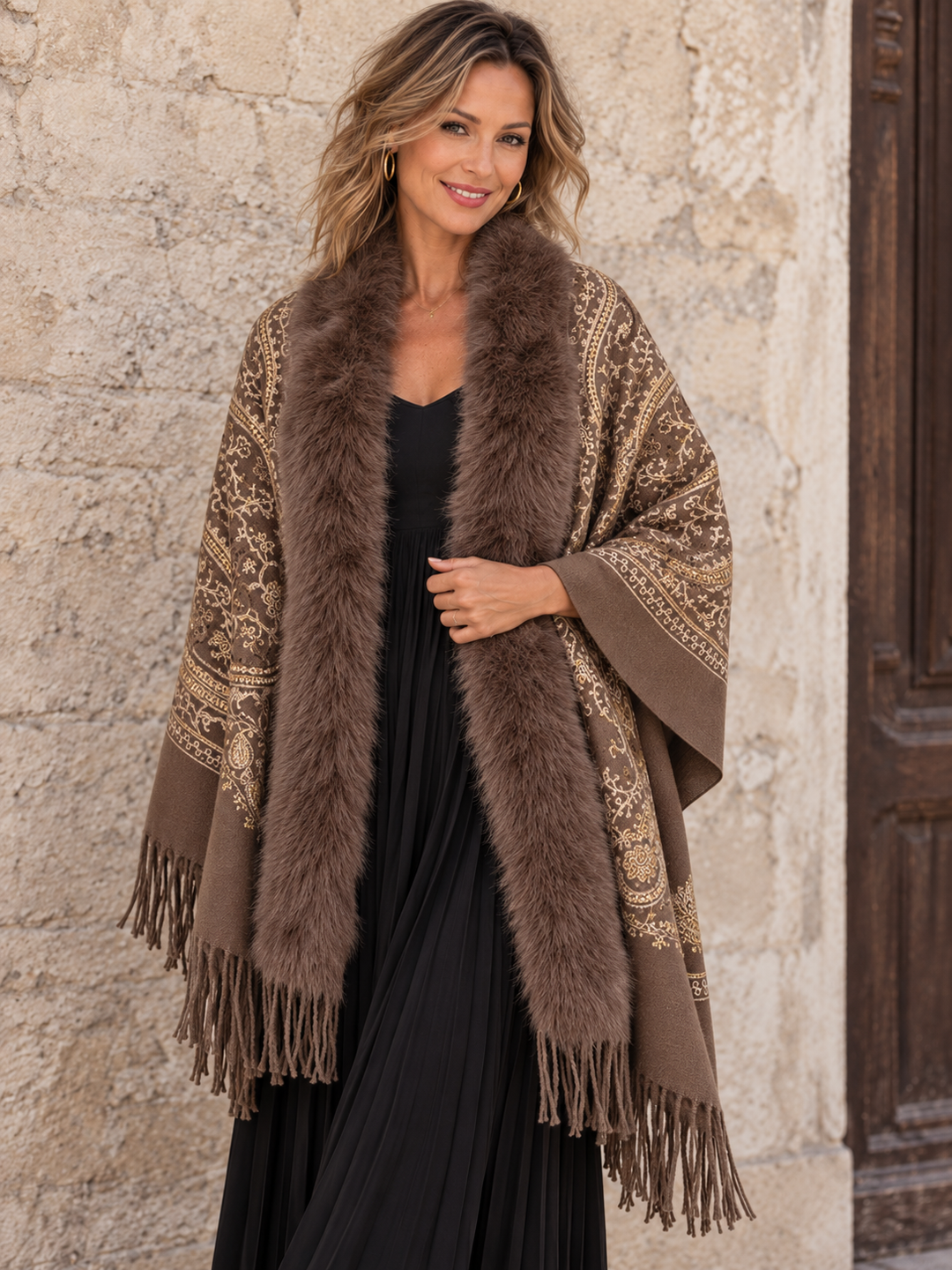 Aziza Paisley Faux Fur Wrap Chocolate